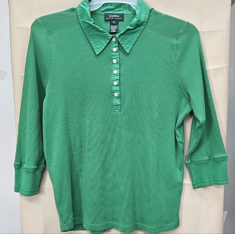 Lauren Ralph Lauren Women’s 1X Green Ribbed Short Sleeve Cotton Polo Shirt Top